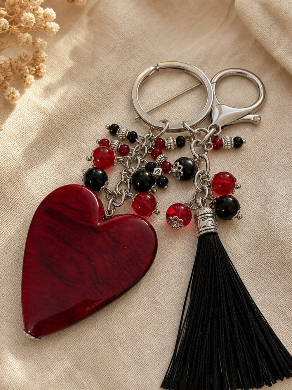 Red Heart Keychain with Tassel and Beaded Charms